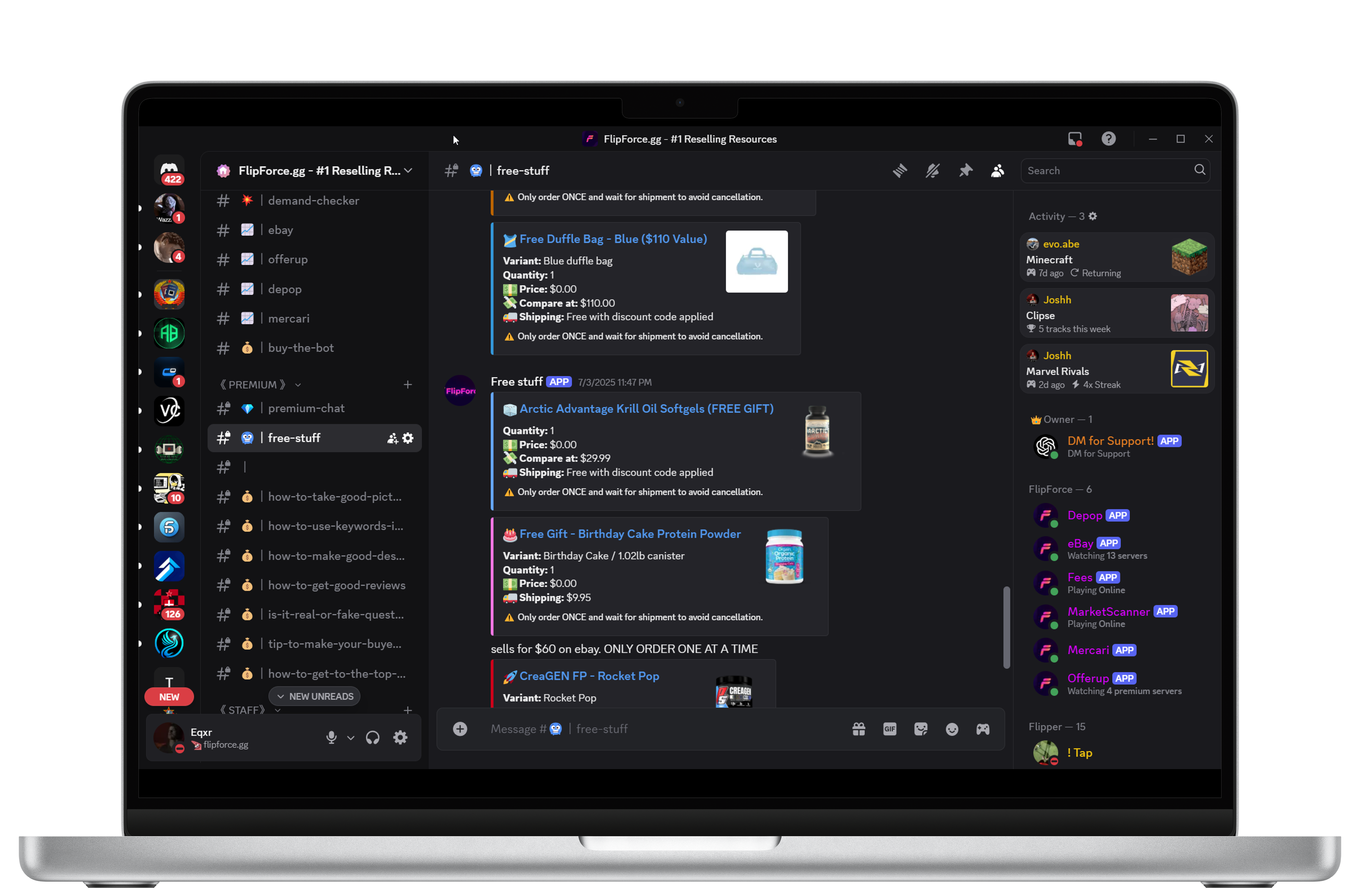 FlipForce Discord server showing the free stuff channel